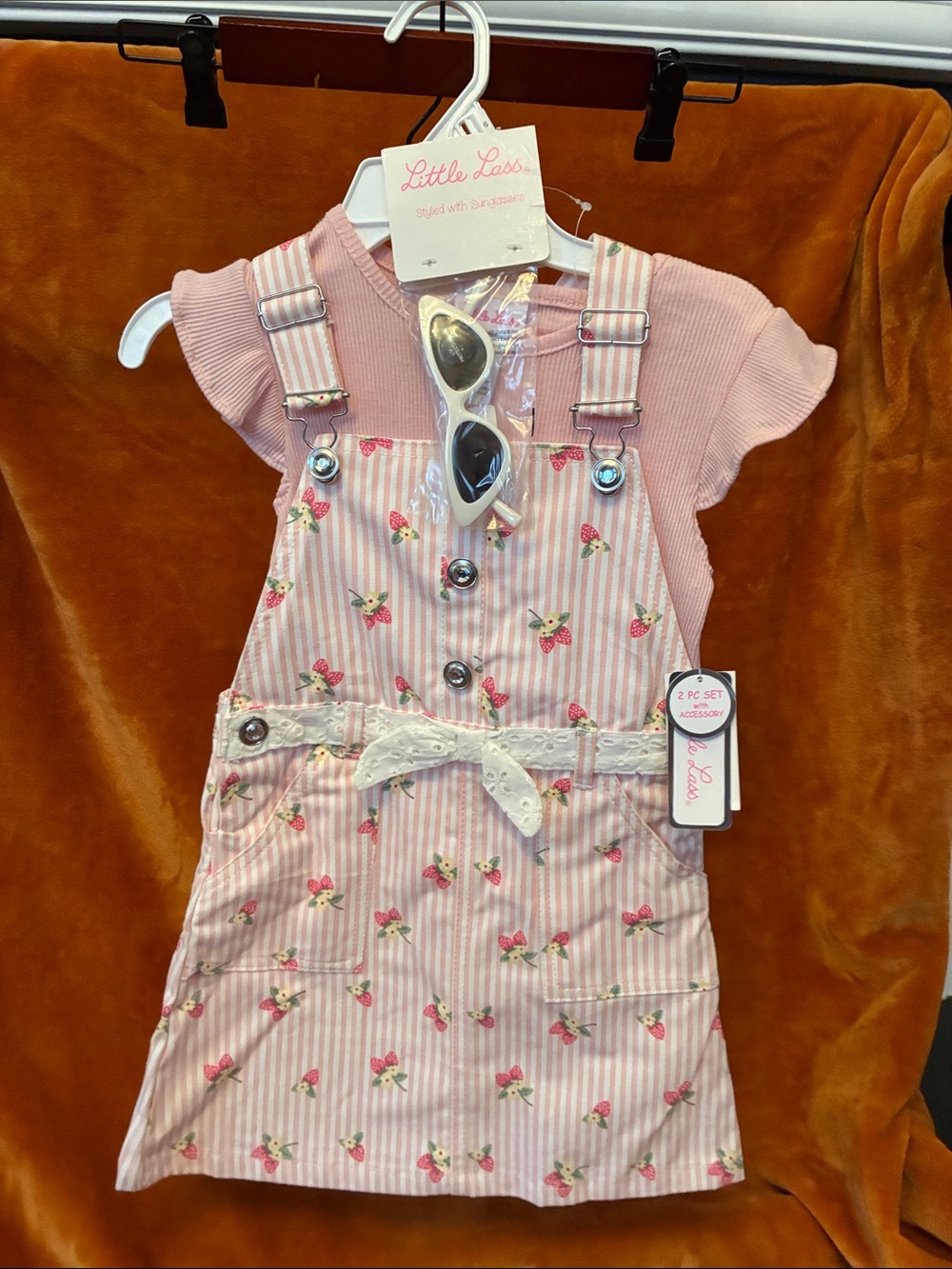 NWT Size 6 Little Lass Pink Striped Strawberry Print Overall Dress Lace Belt